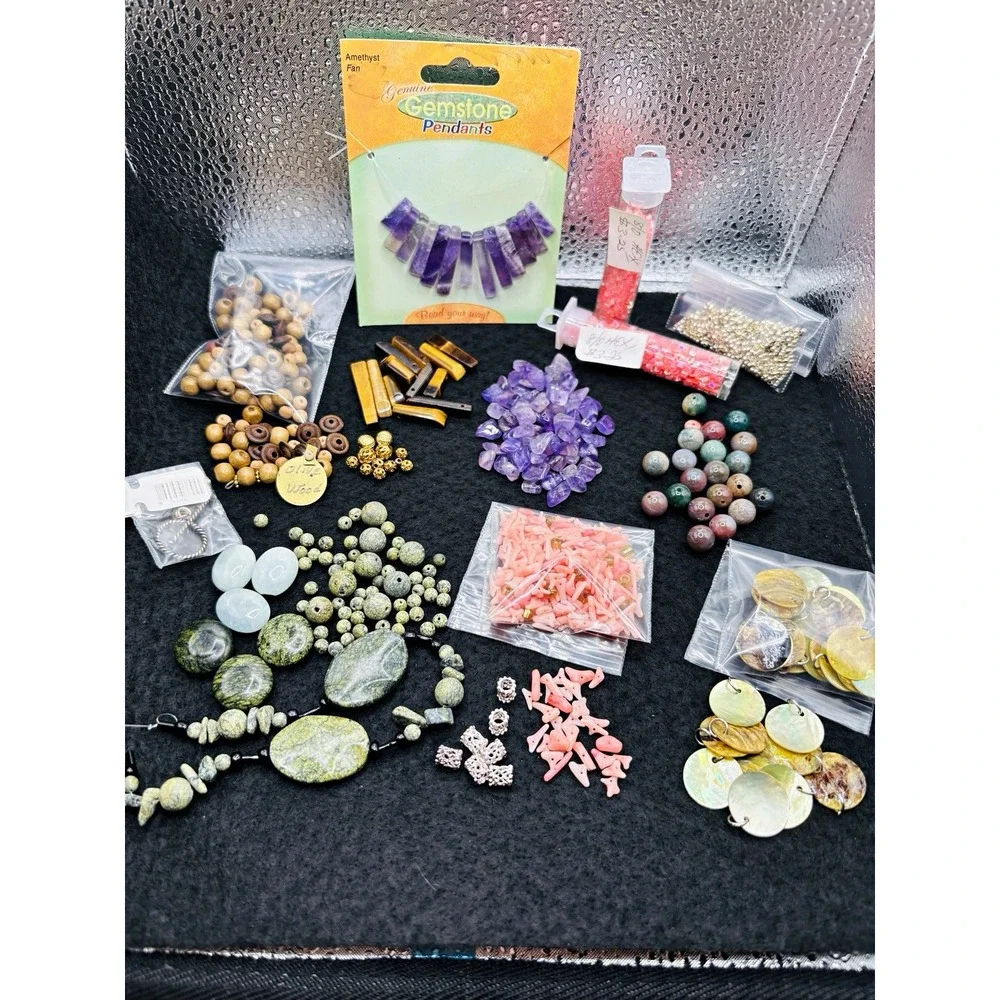 Lot of Jewelry Making Bead mix Amethyst Gemstone Chips Jade shell olive wood Hex